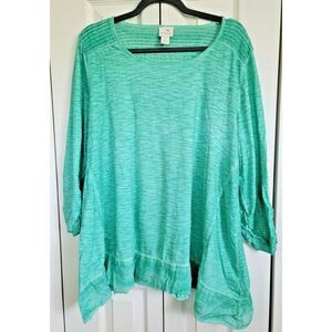 Chico’s 3 Women's Top Blouse XL Mint Green 3/4 Sleeve Angle‎ Top Rouched Sleeves
